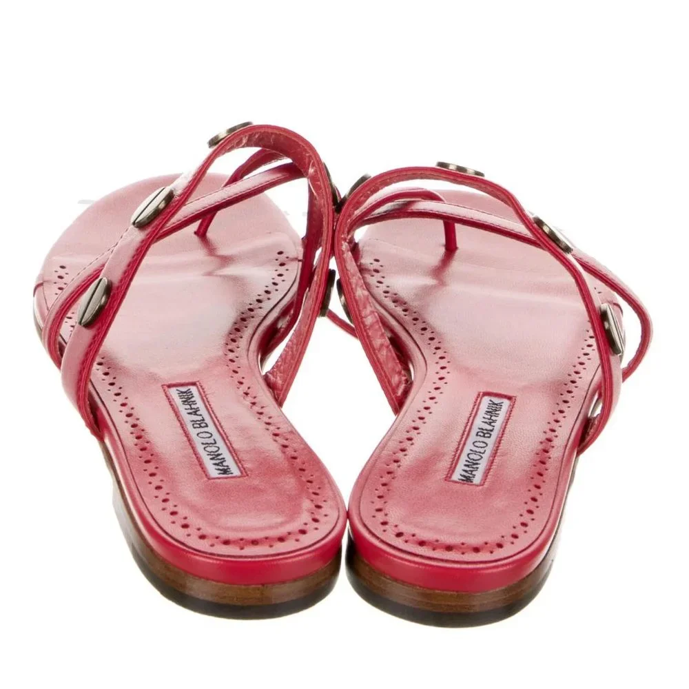 Manolo Blahnik Red Leather Studded SUSA Slides *Runs SUPER Small*